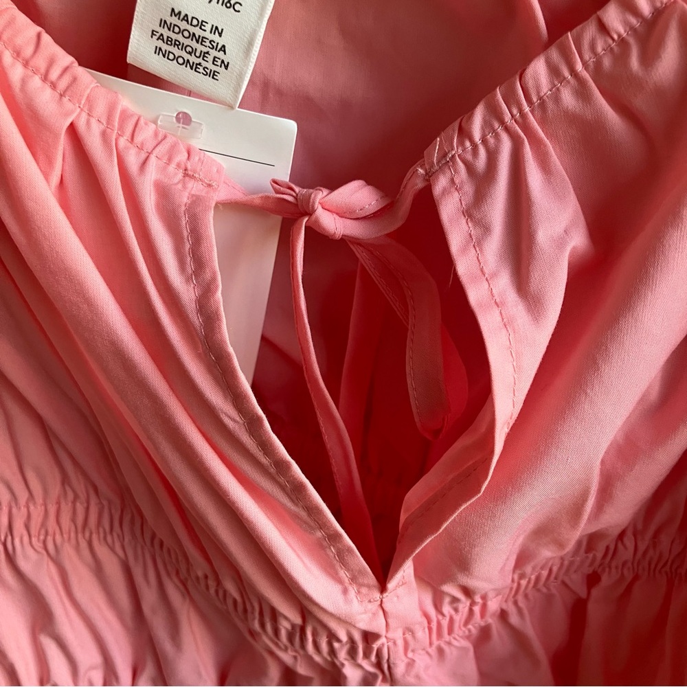H&M Pink Puff Sleeve Blouse Size XL Cotton Poplin Ruffles Tie Keyhole Feminine - Picture 8 of 12